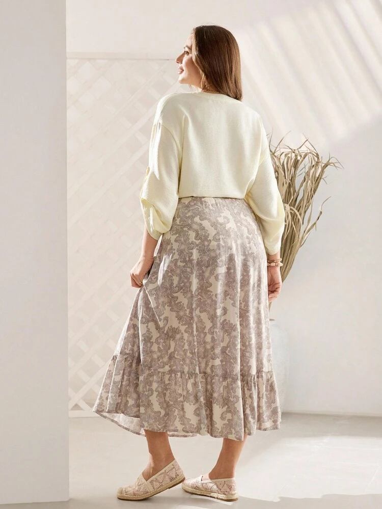 Plus Size Women's Solid V-Neck Cuffed Sleeve Shirt And Floral Print A-Line Skirt 2 Pieces Set,Fall Clothes Plus Size,Business Casual Woman,Classy Outfits For Women,For Stylish Everyday Wear,Fall Outfits For Women,Chic Autumn