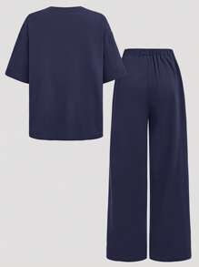 SHEIN Girlism 青少年女孩 2 件套休闲宽松针织圆领插肩袖褶皱图案 T 恤和短裤套装，适合日常穿着、返校、假期、家庭户外春季野餐和各种场合