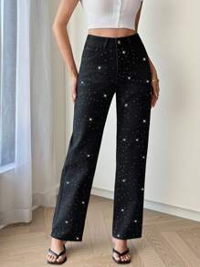 Siren Gaze Women's Summer Fall Autumn Back To School Homecoming Halloween Y2k Cute Streetwear Goth Grunge Techno Birthday Night Out Going Out Club Airport Business Casual Woman Country Vintage Modest Old Money Business Casual Woman Work Clothes Solid Color Minimalist Everyday Rhinestone Decorated Denim Black Jeans Black - Black - View 4