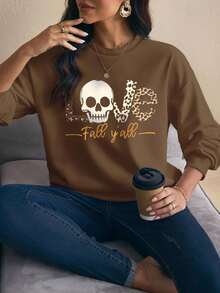 Glamance BiGraphic 女士字母与骷髅印花圆领落肩长袖休闲运动衫棕色长袖秋季运动衫棕色运动衫女士骷髅印花运动衫豹纹运动衫 - 咖啡棕 - 查看 5