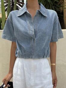 Livesso Women's Turndown Collar Short Sleeve Casual Loose Denim Blouse Women Jacket,Fall Women Clothes - Light Wash - View 4