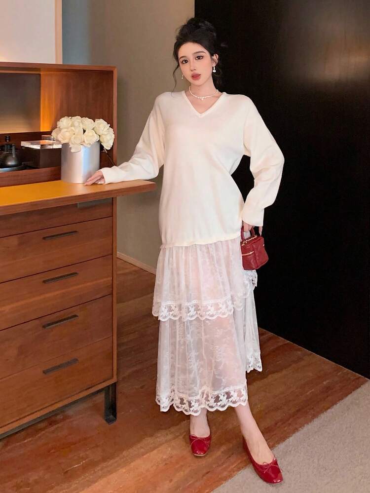 Knitted Casual Loose Dress For Office Wear, Lace Patchwork Cake, Elegant Wedding Party Dress, Back To School Season, Women Sweater Dress,Fall Women Clothes