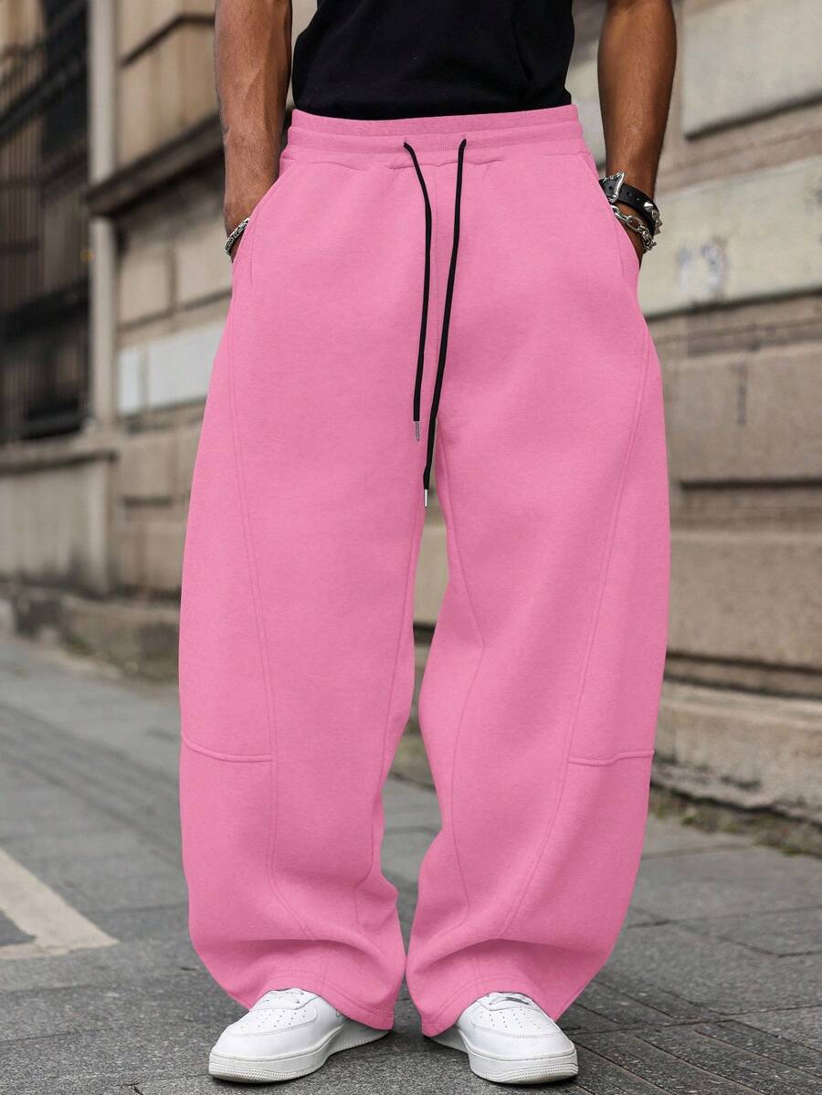 Manfinity Hypemode 男士休闲纯色抽绳腰运动裤 - 粉色 - 查看 1