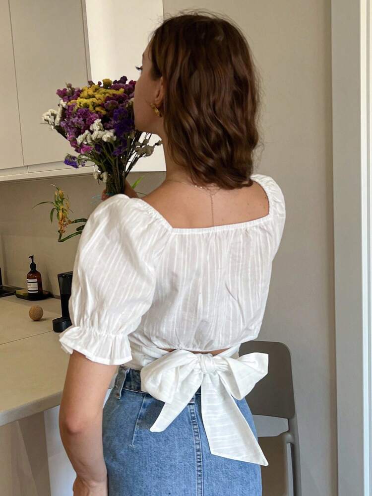 DAZY 新作 秋 甘い カジュアル リボン ストラップ レディースシャツ バケーション - ホワイト - 見る 4