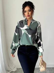 Elenzga 休闲拼色印花缺口领衬衫，适合春秋季节 - 橄欖綠 - 查看 6