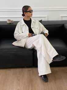 DAZY 女士宽松休闲白色牛仔套装，秋季新品 - 白色 - 查看 8