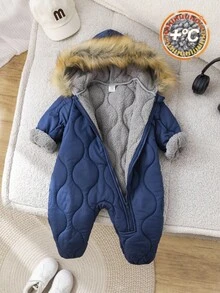 SHEIN 新生儿男女宝宝可爱连帽连体衣，带毛领，男女宝宝通用，抓绒/保暖/加厚，适合秋冬季节穿着 - 彩色 - 查看 3