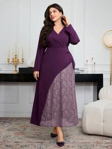 Modelyn Plus Size Women Elegant Fitted Mesh Patchwork Long Sleeve Dress Fall Cloth For Women - Purple - View 4