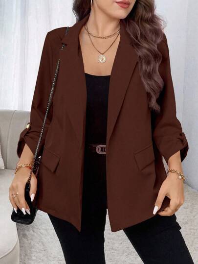 SHEIN Unity Plus Size Women's Solid Color Lapel NeckRoll-Up Sleeve Casual Blazer Fall Cloth For Women Suit Jacket For Women Brown Blazer Women Brown Jacket Women Women Blazers Brown Blazer Autumn