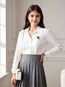 SHEIN Camisa holgada versátil y casual de estilo universitario para niñas preadolescentes, temporada de vuelta a clases