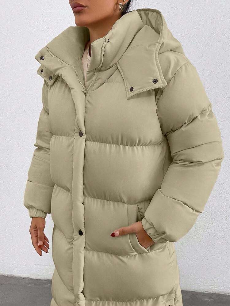 EURMUSE 保暖功能，超长款，侧边按扣细节羽绒冬季外套 - 灰色 - 查看 5