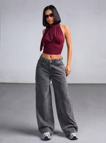 EURMUSE 低腰灰色洗水宽松阔腿牛仔裤 - 灰色 - 查看 4