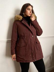 Chikora 大码女式加厚保暖棉质外套（仿毛皮），适合秋季、冬季、外出、工作、办公室等各种场合，也适合商务女性穿着。 - 棕色 - 查看 6