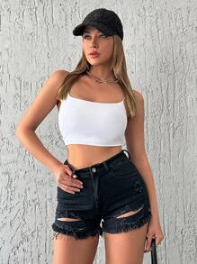 EURMUSE 98%Cotton Elastic, Hem Frayed Detailed Short - Black - View 3