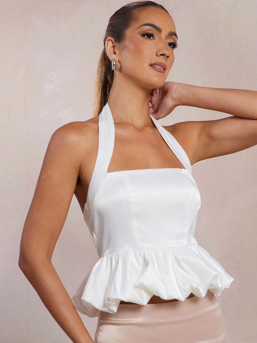 L'Amorae Bubble Hem Peplum Halter Sleeveless Satin Summer Top - White - View 1