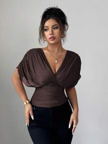 Elenzga Áo thun nữ xuân/hè chất liệu lưới co giãn, lót lưới, thanh lịch, đi biển, thường ngày, kiểu Pháp lãng mạn, xếp ly chéo, tay lỡ, eo nhún bèo, viền nhún bèo - Cà phê nâu - Xem 8