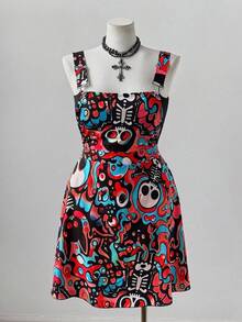 Sunspun Plus Size Colorful Skull Crossover Dress - Red - View 3