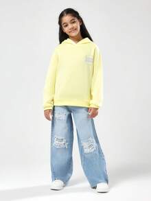 SUMWON sweat-shirt à capuche graphique en French Terry de Santa Monica, Californie, Sweat-shirt-shirt pastel jaune avec lettrage au dos, pour le port casual des filles au printemps - Jaune citron - Voir 5