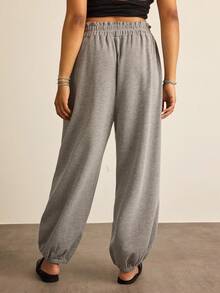 SHEIN VCAY Plus Size Women's Solid Color Ruffle Hem Drawstring Waist Casual Pants Palazzo Joggers Sweat Pants Going Out Autumn - Grey - View 2