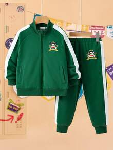 Paul Frank X SHEIN 2pcs Young Boy Sports Casual Cartoon Print Stand Collar Zip Front Jacket And Elastic Cuff Pants Set, Green Fall Winter - Green - View 6