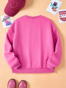 Paul Frank X SHEIN Tween Girl Retro Minimalist Cartoon & Letter Graphic Crew Neck Loose Casual Knit Pink Sweatshirt - Pink - View 2