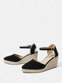 Styleloop Damen einfache Knöchelriemen Segeltuch Schuhe, elastisches Band für den Urlaub, Reißverschluss hinten, runde Zehenkappe mit Kunstleder, Cut Out Metallschnalle, schwarze gewebte Keilsandalen mit dicker Sohle, Urlaubs-Schuhe mit dicker Sohle - Schwarz - Übersicht 3