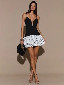 SHEIN BAE Váy xòe cổ chữ V khoét sâu chấm bi thanh lịch, màu đen trắng trơn, thích hợp cho dịp Giáng sinh, váy ngắn thanh lịch cho buổi tối hẹn hò - Đen và trắng - Xem 7