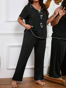 Plus Size Women Spring Color Block Top & Pants Pajama Set With Bowknot Decoration And Lettuce Trim, Outfits - Black - View 4