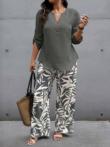 EMERY ROSE 2 件大码女式套装：纯色卷袖衬衫和植物印花裤 - 灰色 - 查看 3