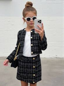 SHEIN 2pcs Young Girl Casual Fashion Button Decor Long Sleeve Jacket And Mini Skirt Set, Tween Girls 2pcs/Set Urban Chic Jacket & Bodycon Skirt Outfit, Graduation Dress,FAshionable,Warm & Soft, Versatile For Play, Daily Wear, School, Autumn & Winter,Pairing White Shirt,Back To School Season.College Style, Girls Blazer And Skirt Set Tweed Two Piece Skirt Set Girls Girls Skirt Suit Girls Tweed Suit Fall
