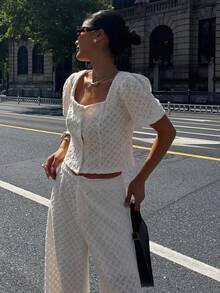 Livesso Conjunto de 2 piezas de top de manga corta de ajuste holgado blanco y pantalones de pierna ancha, conjunto de ropa de estar en casa de verano para mujeres - Blanco - Ver 4