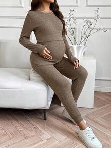 SHEIN Fall Clothes,Autumn Clothes,Maternity Autumn Clothes Maternity Maternity2pcs Maternity Long Sleeve Top And Pants Breastfeeding Set - Camel - View 8