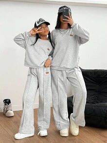 Ensemble t-shirt à manches longues col rond minimaliste de couleur unie et pantalon pour préadolescentes, vêtements d'hiver, vêtements d'automne, hauts à manches longues, chemises à manches longues - Gris - Voir 7