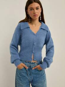 Nöista Fuzzy Dusty Blue Cardigan With Button Front,Soft Plush Texture Cozy Chic Knitwear Perfect For Autumn Casual School Back-To-School Layering In Winter - Dusty Pink - View 1