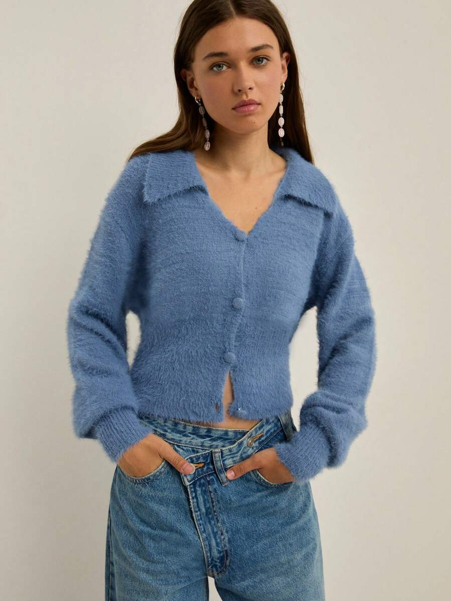 Nöista Fuzzy Dusty Blue Cardigan With Button Front,Soft Plush Texture Cozy Chic Knitwear Perfect For Autumn Casual School Back-To-School Layering In Winter - Dusty Pink - View 1