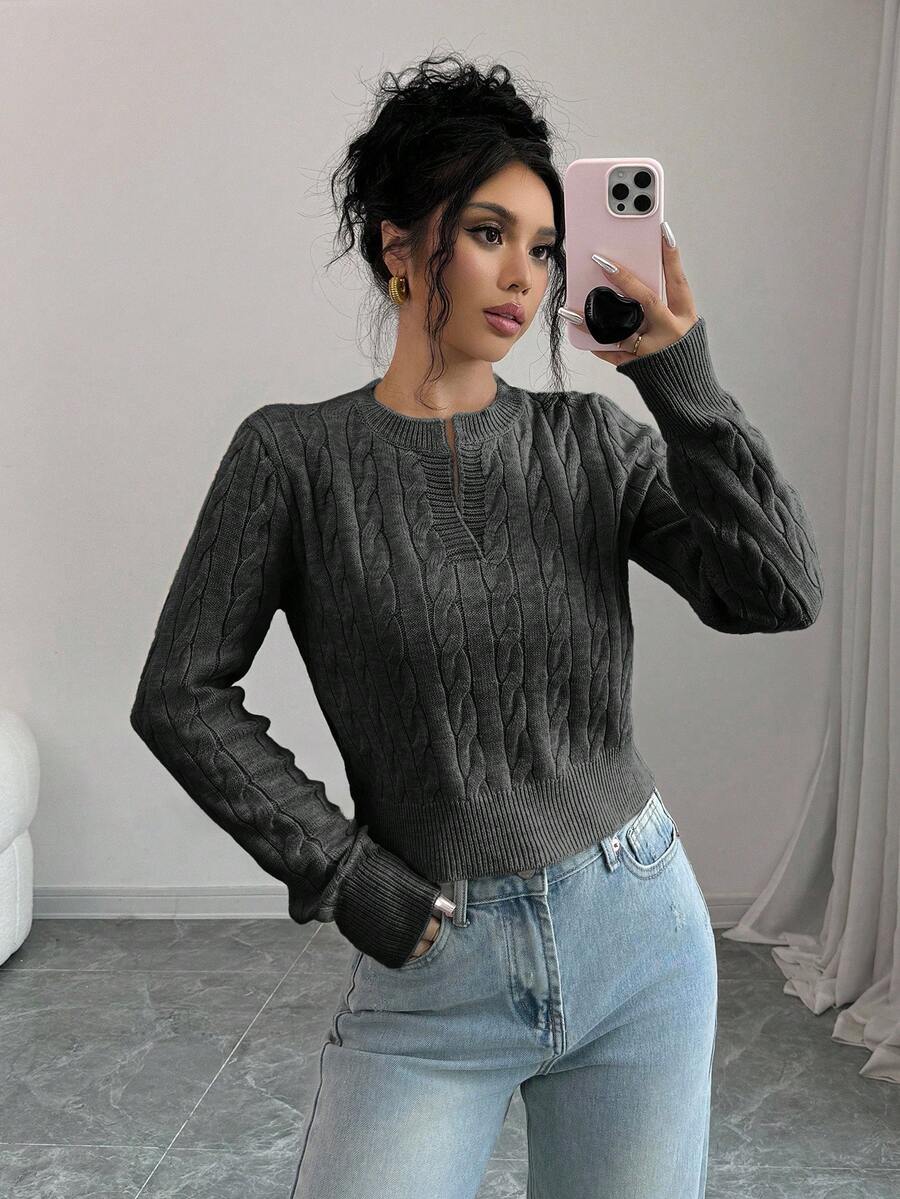 EURMUSE 女士纯色简约短款长袖毛衣，日常穿着 - 深灰色 - 查看 1