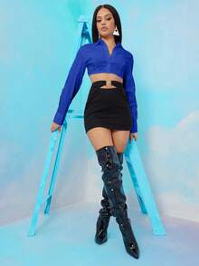 EURMUSE Fashionable Commuter Solid Color Long Sleeve Super Short Shirt - Royal Blue - View 5