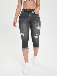EURMUSE Jeans de verano de mezclilla casual y versátil con puños desgastados para mujer - Gris Claro - Ver 3