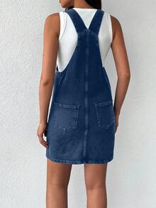 EURMUSE 女式休闲宽松口袋设计牛仔连衣裙 - 深色水洗藍 - 查看 2