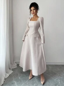 Elenzga 女式多色面料方领仿口袋铆钉装饰拼接 A 字长袖通勤长裙，秋季 - 彩色 - 查看 6