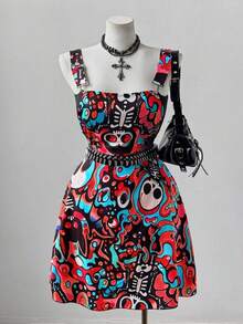 Sunspun Plus Size Colorful Skull Crossover Dress - Red - View 1