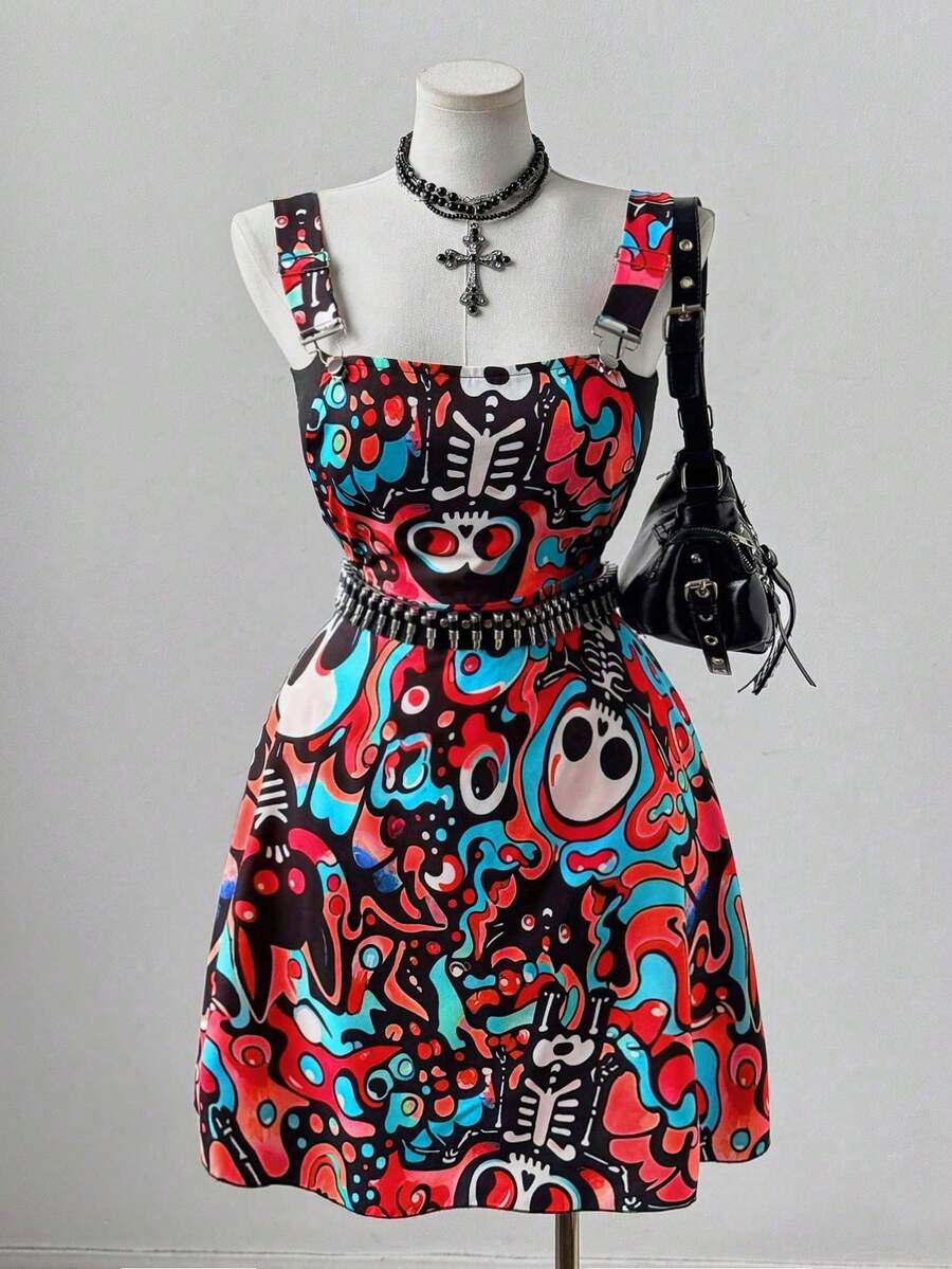Sunspun Plus Size Colorful Skull Crossover Dress - Red - View 1