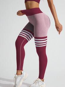 Core Rhythm Leggings deportivos para mujer, pantalones ajustados a rayas burdeos, cintura fruncida, levantamiento de glúteos sexy para yoga y fitness