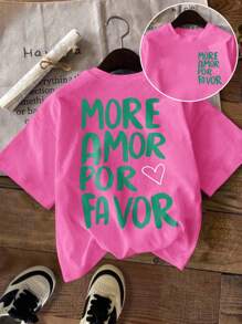 DrmWander T-shirt décontracté à col rond, manches courtes, imprimé lettres et cœurs pour femmes, épaules tombantes, pour l'été