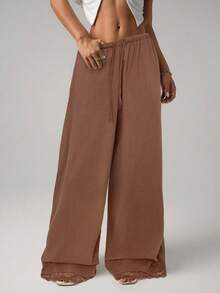 SHEIN ICON Quần ống rộng ống đứng cạp siêu thấp bằng vải lanh trắng có viền ren, dài đến mắt cá chân - màu nâu - Xem 3