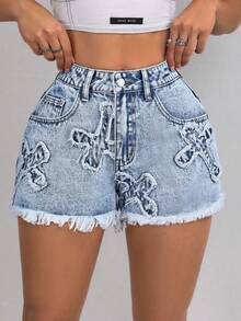 SHEIN ICON Quần short denim sáng màu thường ngày có viền tua rua dành cho nữ - Rửa nhẹ - Xem 4