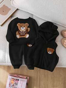 SHEIN 3pcs/Set Baby Girl Cute Black Furry Cartoon Pattern Hooded Vest Sweatshirt & Elastic Waist Pants Outfit, Autumn/Winter, Thermal Lined Fall - Black - View 4
