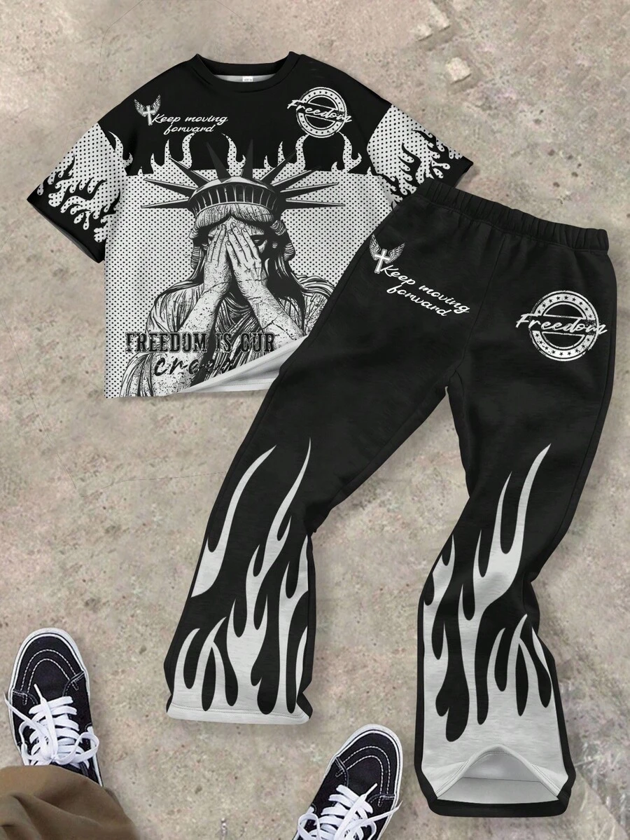 SHEIN 青少年男孩圆领 T 恤和喇叭裤休闲两件套，适合夏季 - 彩色 - 查看 1