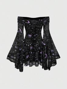 ROMWE Váy lưới hở vai tay loe họa tiết ngôi sao và mặt trăng bí ẩn phong cách Gothic Retro, dành cho lễ Halloween - Màu tím - Xem 2