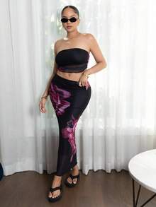 Melissa Matos Bộ 2 món/Bộ áo ống in họa tiết hoa lưới và chân váy xếp ly cho nữ - Màu Hồng Tươi - Xem 5